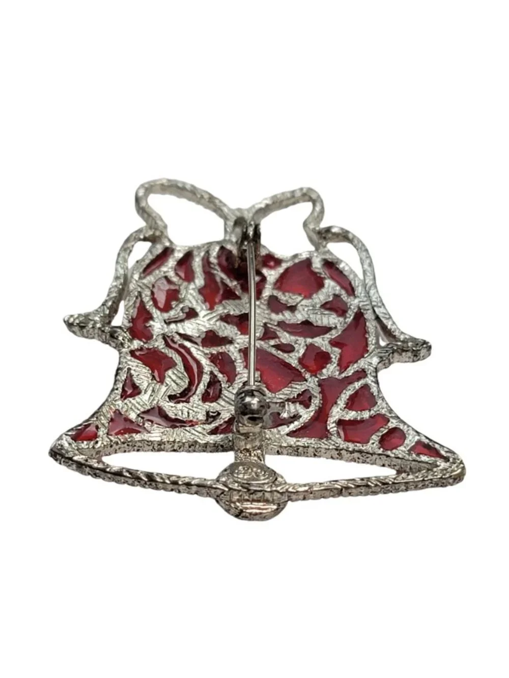 Danecraft Silvertone Red Plique A Jour Style Christmas Bell Pin Brooch, Signed